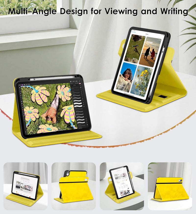 DTTO for iPad A16 Case, iPad 11th / 10th Generation Case (2025/2022), 360 Degree Rotating Premium Leather Folio Stand Cover with Pencil Holder, Yellow - Image 2